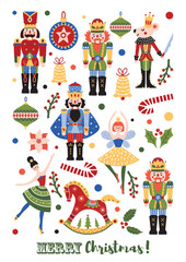  Happy New Year Nutcrackers . Postcard. Crocking horses. Christmas illustration. Interior poster. 