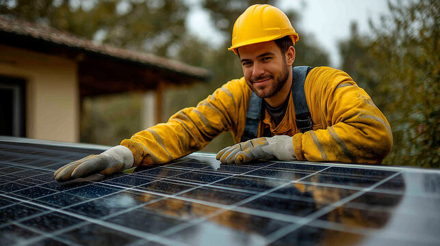 Professional Engineer Service Solar Panel. Worker Maintenance Cleaning Replacing Solar Panel. Solar photovoltaic panel system in Industry roof. Saving Energy with Clean Power.