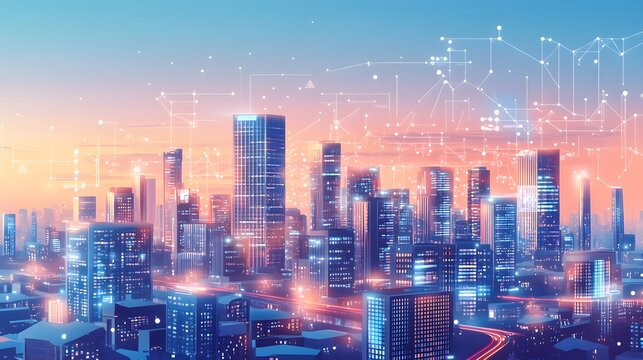 A panoramic view of a tech-driven city where blockchain ensures secure transactions, and IoT devices optimize public services