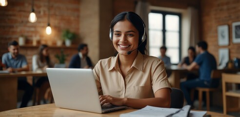 Smiling Indian female employee in wireless earphones make notes watching webinar on laptop, happy young ethnic woman worker in headset talk on video call brainstorm with colleagues online
