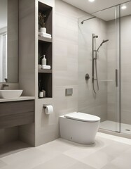 a bathroom with a toilet and a shower with a stand up shower.