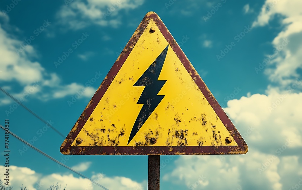 Poster electric warning triangle sign with lightning symbol on yellow background in 3d
