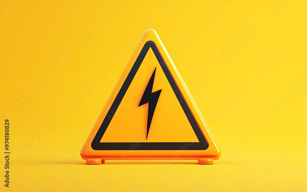 Poster bold triangular warning sign with yellow background and lightning bolt symbol, 3d model