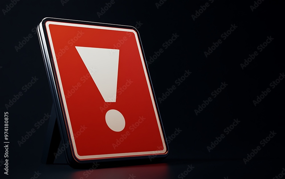 Aufkleber alerting hazard sign 3d rendering on red background with exclamation mark floating in black space