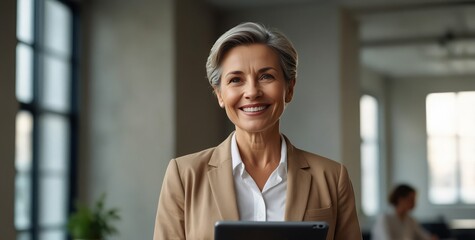 Smiling mature professional business woman bank manager, older happy female executive or lady entrepreneur holding digital tablet pad standing in office at work, looking away at copy space
