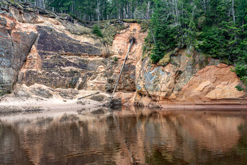 landscape with sandstone cliffs on the river bank, sandy river bank, old last year's grass, nature...