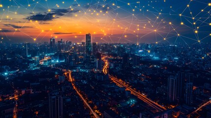 Fototapeta premium A panoramic view of a smart city illuminated by blockchain-secured infrastructure and IoT-powered devices