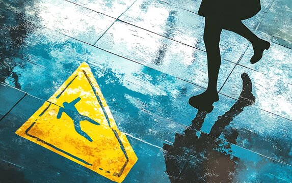 Caution: Person Slipping on Wet Floor - Workplace Safety Concept Illustration with Yellow Warning Sign