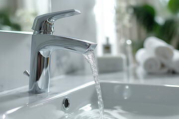 A sleek, modern chrome faucet with water droplets forming on the spot. A spotless white sink, soft reflections of light from nearby windows, minimalistic bathroom decor. 