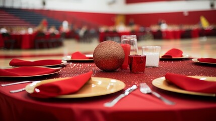 Elegant interior design of wedding hall with beautifully decorated tables for celebrations