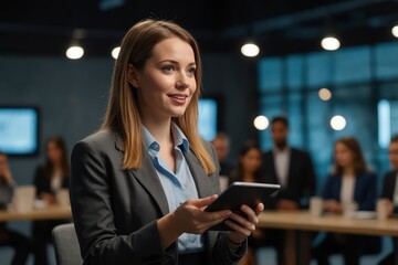 Tech startup leader using convention as platform to offer latest AI services. Businesswoman holding tablet uses microphone