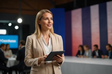 Tech startup leader using convention as platform to offer latest AI services. Businesswoman holding tablet uses microphone