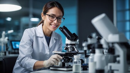 Woman, scientist and microscope with tablet in lab for experiment research, medical data and science information. Smile, researcher and digital for biotechnology study, feedback and vaccine solution