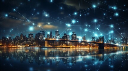 Blurry network interface with arrows over new york city skyline represents smart city connectivity