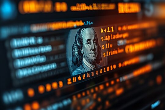A digital screen displaying an image of Benjamin Franklin from the US dollar bill, surrounded by code and financial data in a futuristic setting.