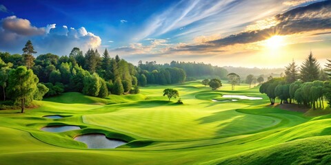 Panoramic view of a lush green golf course