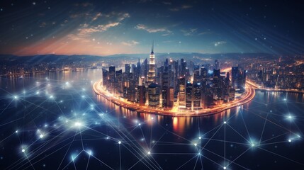 Obraz premium Blurry network interface with upward arrows over new york city, symbolizing smart city connectivity