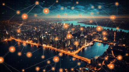 Blurry network interface with arrows over new york city skyline, smart city connectivity concept
