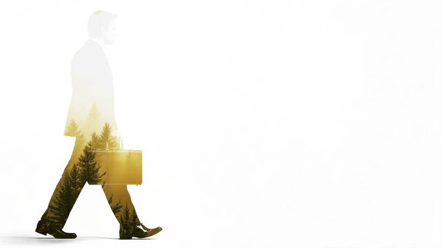 Double exposure of businessman walk forward to environmental business. ESG and world environment sustainability