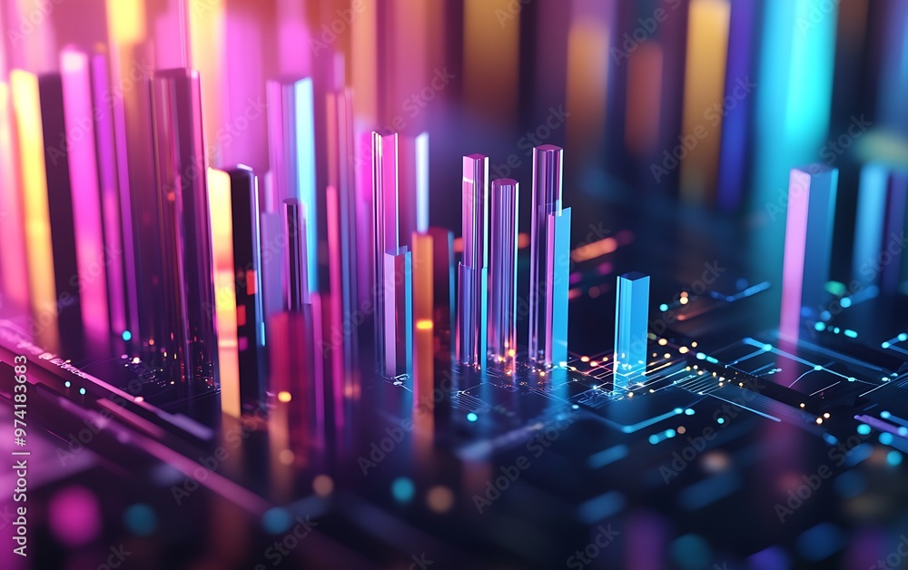 Poster dynamic 3d visualization of financial growth with ascending bars and digital elements