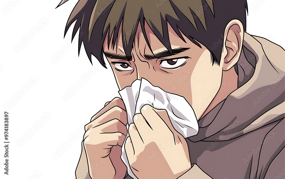 Poster sneezing person vector illustration with tissues and concerned expression on white background