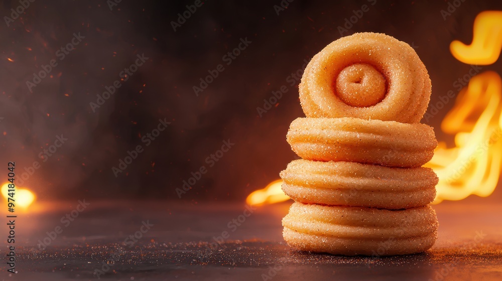 Poster a stack of doughnuts with a fire in the background