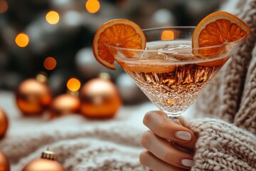 A hand holding a festive cocktail with orange slices, surrounded by warm lights and Christmas decorations.