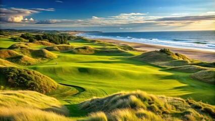 Obraz premium Scenic view of the 8th hole at Royal Aberdeen Golf Club, Balgownie, Scotland