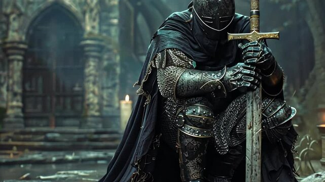 A knight in dark armor kneels in a misty, abandoned castle, contemplating his next battle in the ancient ruins