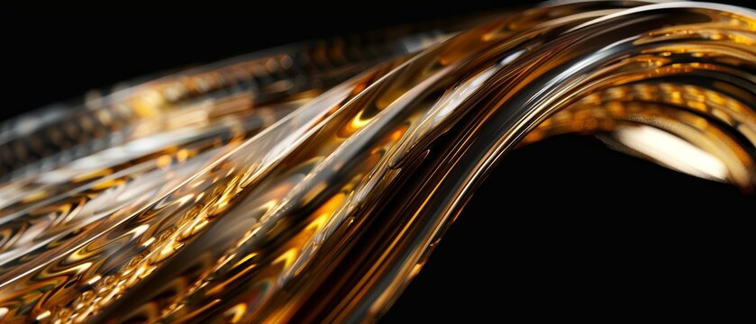 Wave of golden shiny glas. Colorful motion of light materialized in acrylic, epoxy, resin forming beautiful bridge with light refraction. Artistic, business, research background, black backdrop