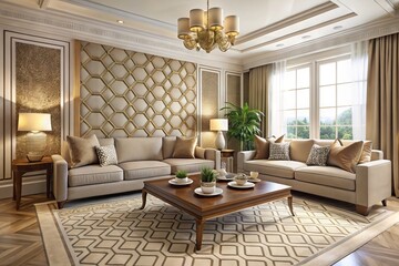 Fototapeta premium Elegant living room with neutral color palette, five geometric patterns on wallpaper, sofas, and rugs, creating a