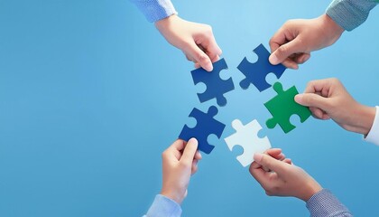 Collaborative teamwork concept, individuals connecting puzzle pieces, symbolizing productive unity and cooperation, demonstrating problem-solving and goal achievement through effective communication a