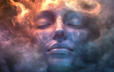 Tranquility Within: Serene Close-up of Meditative Face Surrounded by Softly Glowing Elements - High-Resolution Photo