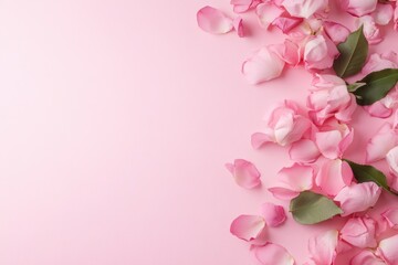 Fototapeta premium A light pink pastel background features scattered petals on one side