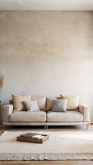 Minimalist beige sofa with cushions in modern living room