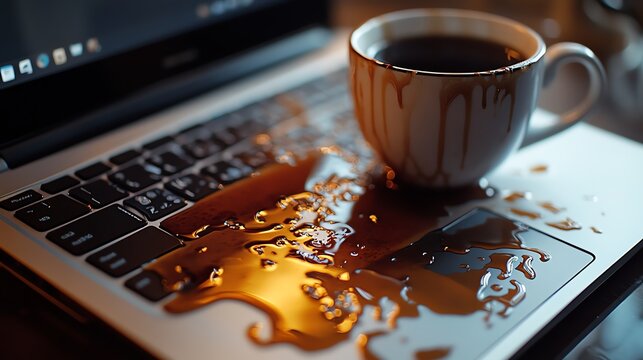 Spilled coffee on a laptop keyboard.