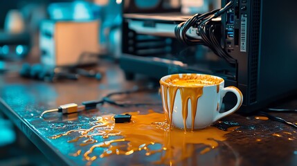 Spilled coffee on a computer desk, creating a messy and frustrating situation.