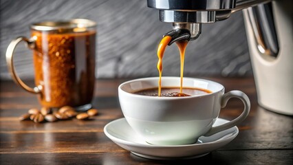 Freshly brewed coffee being poured from a coffee maker into a white ceramic cup