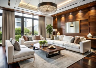 Elegant modern living room featuring sleek white furniture, rich wood accents, and lavish textiles, exuding refinement