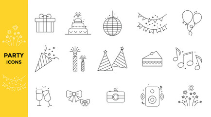 Set of Party planning  web icons in linear style. Event organisation icons for web and mobile app. Management, wedding, entertainment, catering, invitations, catering, coordination Vector illustration