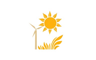 Futuristic Clean Energy Icon: Sun and Wind Turbine Minimalist Design on White Background