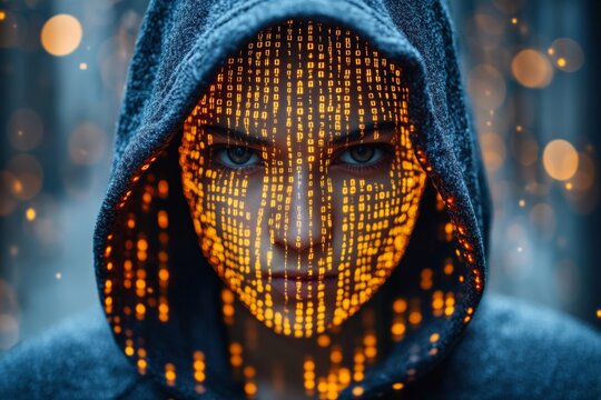 Rear view of a hacker in a dark room with computer screens, highlighted by digital orange code, representing cybersecurity and hacking.