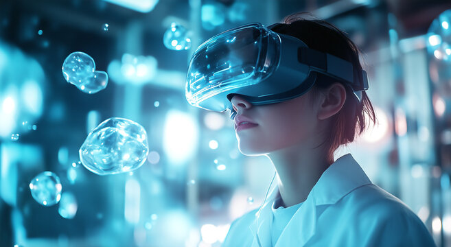 A female scientist wearing VR making a medical experiment in the medical lab. Generative AI.	