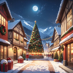 Fototapeta premium A boy and girl in a festive winter evening in a charming village with holiday lights and snow under a full moon.