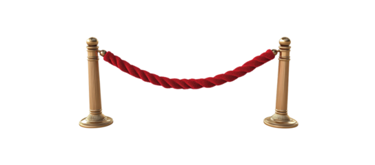 3D rendering set of red velvet rope with golden metal pole Isolated on white background.