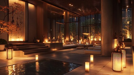 Chic Korean lounge with modern design and elegant lighting in Seoul style.