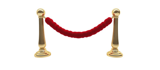 3D rendering set of red velvet rope with golden metal pole Isolated on white background.