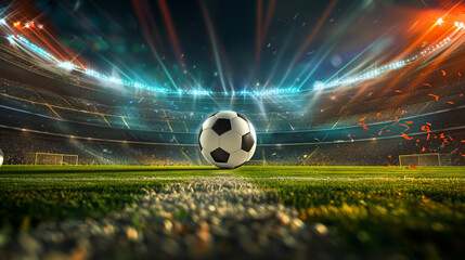 Soccer ball in the middle of grass field on a stadium, football related background. Soccer match colorful design. Championship in European football.