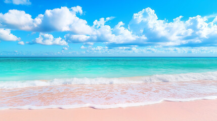 Pink sands beach is beautiful, the sky is beautiful, the sea is clear, the clouds are beautiful, the weather is good.