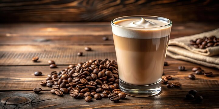 Close-up of a glass of creamy latte with scattered coffee beans on a wooden table